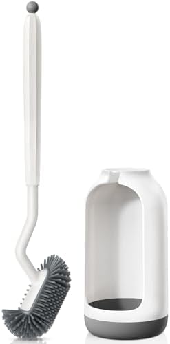 HAMITOR Toilet Brush Holder Set with Silicone Head and Curved Bristles - White