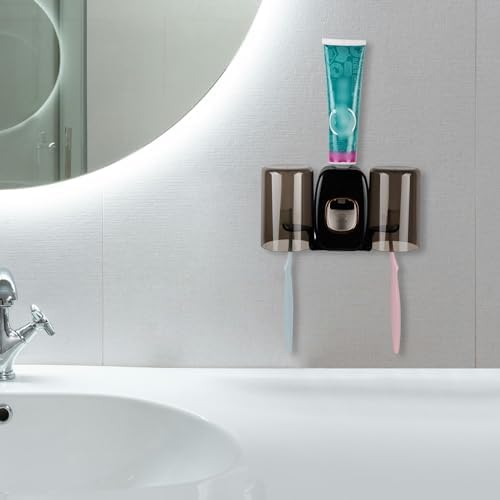 LUEXBOX 4 Slots Wall Mounted Toothbrush Holder with Cover - Black