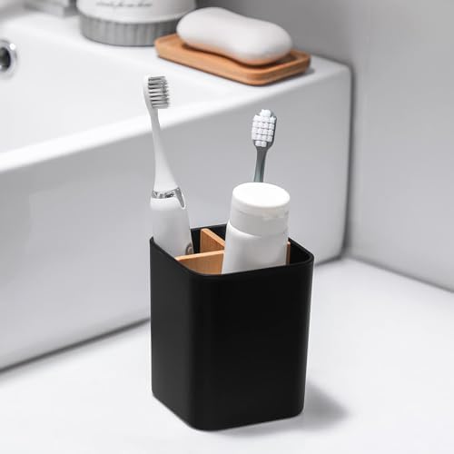 Heagoale Bamboo Toothbrush Holder with 3 Slots 2 Pack Black