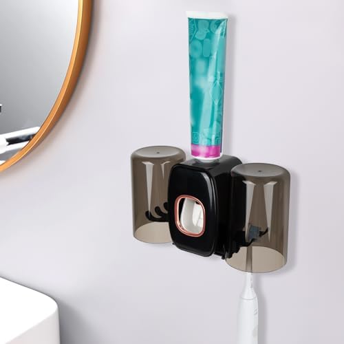 LUEXBOX 4 Slots Wall Mounted Toothbrush Holder with Cover - Black