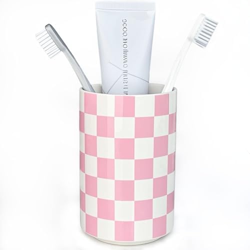 Pink Checkered Ceramic Toothbrush Holder Modern Bathroom Decor