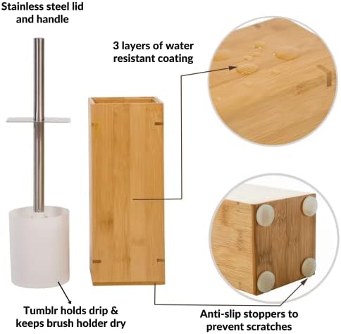 GOBAM Bamboo Toilet Bowl Cleaner with Holder - Hidden Stainless Steel Brush