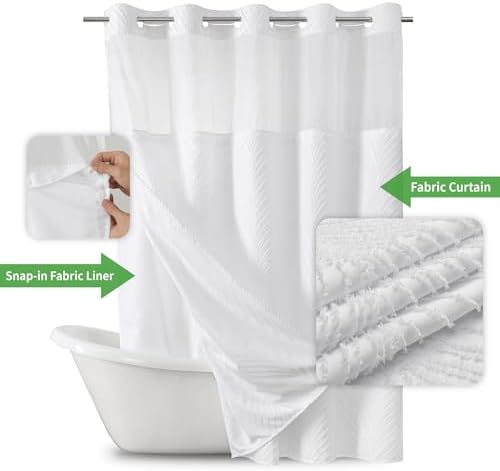 White Boho Shower Curtain Set with Tufted Stripes and Snap Liner