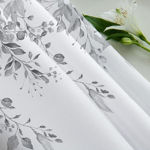 Tititex Grey Leaves Faux Linen Shower Curtain Set 72x72 with Hooks 1