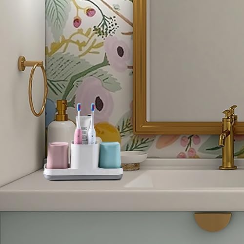 Kids Toothbrush Holder with Pink Blue Cups and Storage