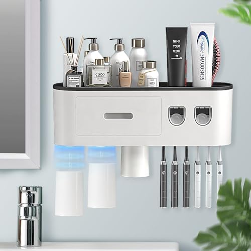 BHeadCat Toothbrush Holder with 2 Toothpaste Dispensers and 6 Brush Slots