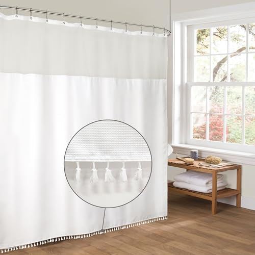 Riyidecor White Tassel Waffle Shower Curtain Set
