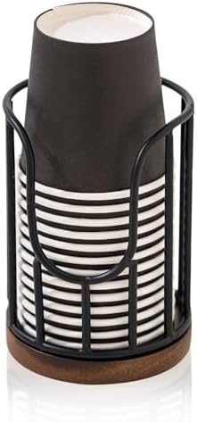 Bathroom Cup Dispenser with Acacia Wood Stand - Black