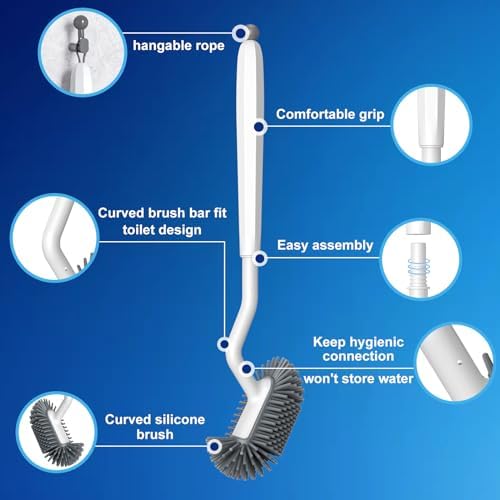 HAMITOR Toilet Brush Holder Set with Silicone Head and Curved Bristles - White