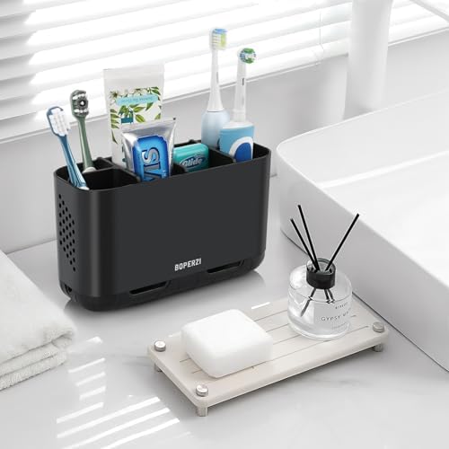 Boperzi 6 Slot Toothbrush Holder with Drainage and Anti-Slip Base Black