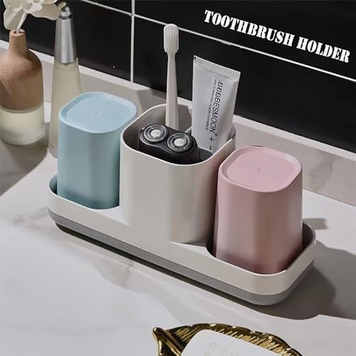Kids Toothbrush Holder with Pink Blue Cups and Storage