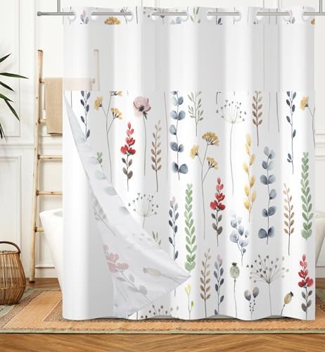 DASHAN Floral Shower Curtain with Snap-in Liner