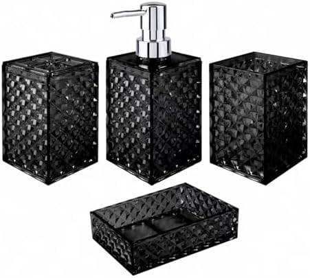 Modern Bathroom Accessory Set with Grid Pattern Black