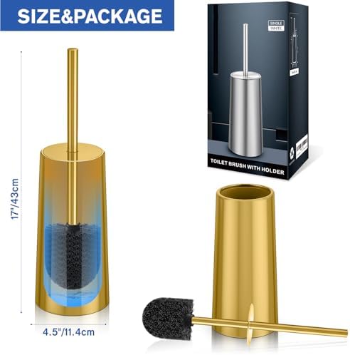 Wsedor Toilet Brush with Stainless Steel Holder - 168 Inch Ergonomic Durable Gold