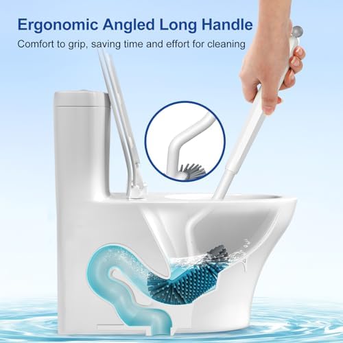 HAMITOR Toilet Brush Holder Set with Silicone Head and Curved Bristles - White