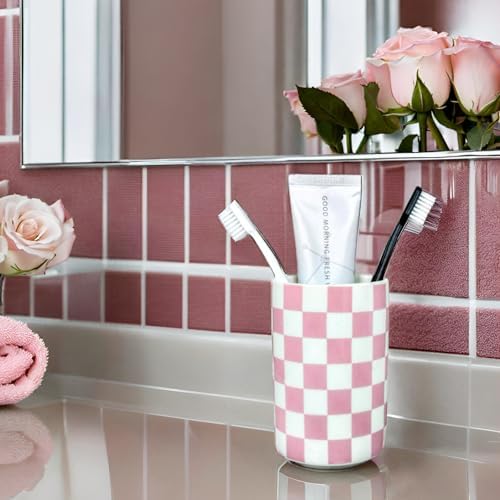 Pink Checkered Ceramic Toothbrush Holder Modern Bathroom Decor