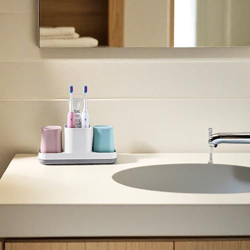 Kids Toothbrush Holder with Pink Blue Cups and Storage
