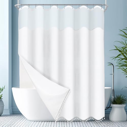 Riyidecor White Tassel Waffle Shower Curtain Set