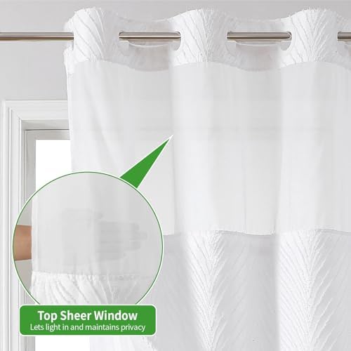White Boho Shower Curtain Set with Tufted Stripes and Snap Liner