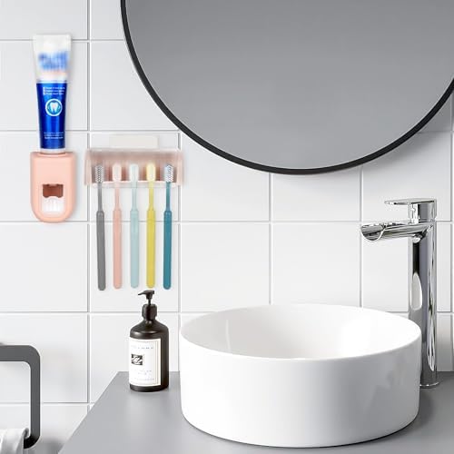 5 Slots Wall Mount Toothbrush Holder with Cover and Dispenser Pink