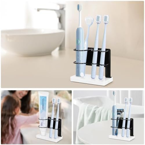 Winmien Toothbrush Holder with Marble Base 3 Slots Matte Black