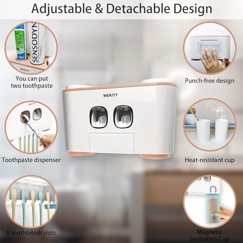 Wekity Wall Mounted Toothbrush Holder with 5 Slots and 4 Cups