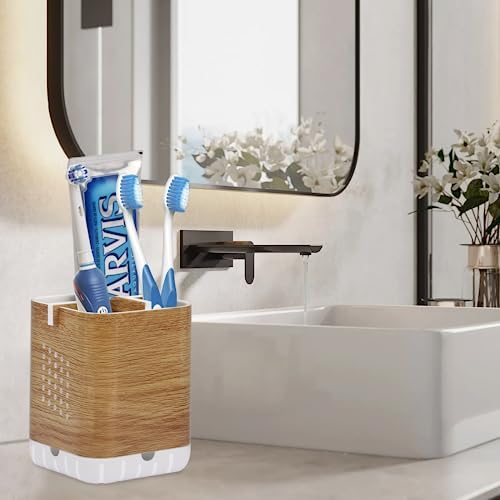 Boperzi Wood Grain Toothbrush Holder with Drainage and Anti-Slip Base