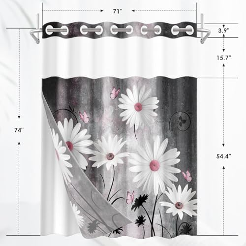 Nesphy Pink White Daisy Butterfly Shower Curtain Set