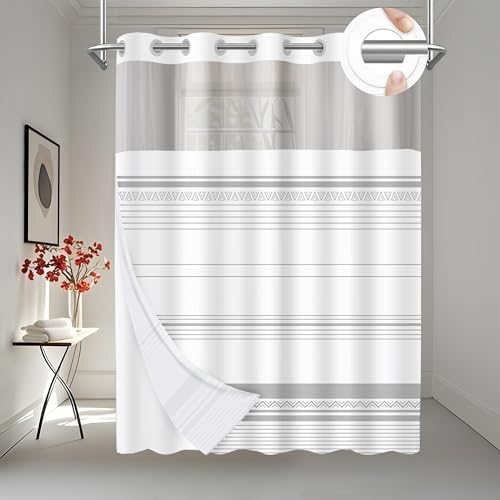 No Hook Shower Curtain Set with Snap Liner Modern Boho Grey Striped