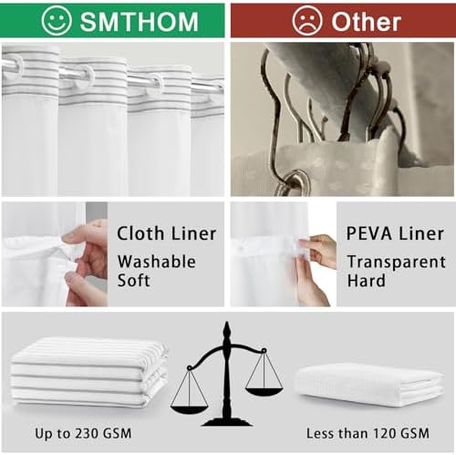 SMTHOM No Hook Shower Curtain Set Gray Boho Striped