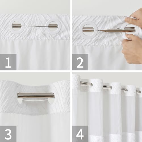 White Boho Shower Curtain Set with Tufted Stripes and Snap Liner