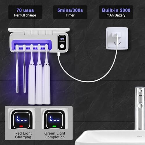 ECTEST Wall Mounted Toothbrush Holder with UV Light 5 Slots Rechargeable Sanitizing Case
