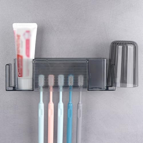 5 Slots Wall Mount Toothbrush Holder with Cover - Gray Large