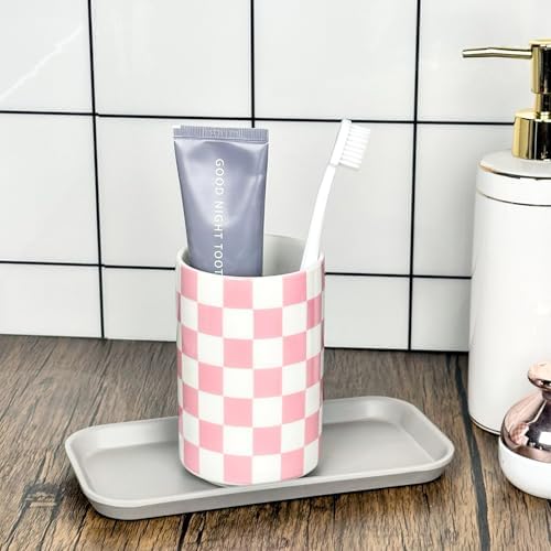 Pink Checkered Ceramic Toothbrush Holder Modern Bathroom Decor