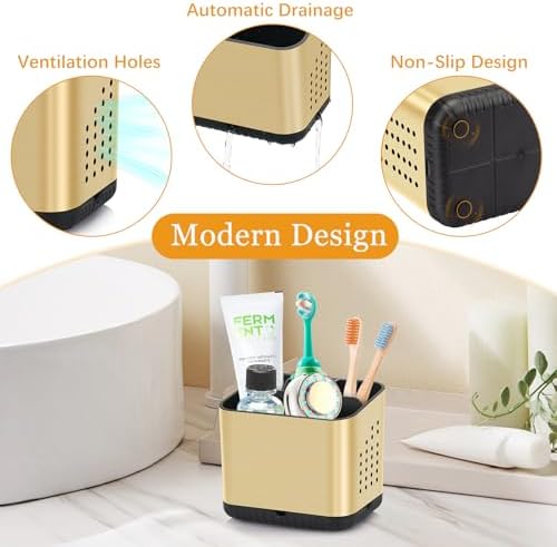 PARKMANI Brushed Gold Toothbrush Holder with Drainage and Ventilation