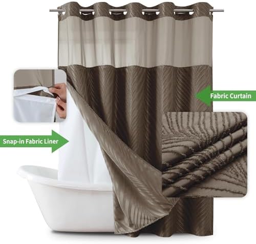 Eachope No Hook Boho Shower Curtain Set with Brown Tufted Stripes
