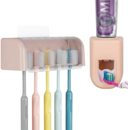 5 Slots Wall Mount Toothbrush Holder with Cover and Dispenser Pink