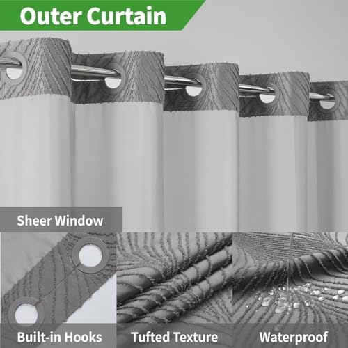 No Hook Boho Shower Curtain Set with Tufted Stripes and Waterproof Liner