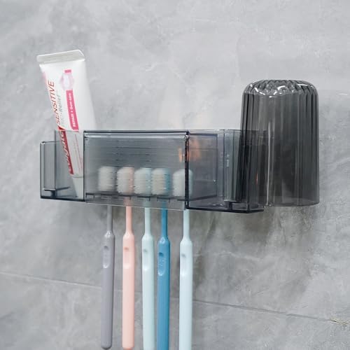 5 Slots Wall Mount Toothbrush Holder with Cover - Gray Large