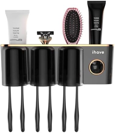 iHave Toothbrush Holder with Toothpaste Dispenser Wall Mounted Bathroom Organizer