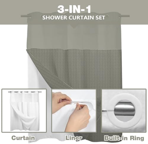TERSUM No Hook Shower Curtain Set Grey 71x74 Inch