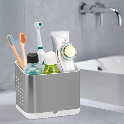 Brushed Nickel Toothbrush Holder for Bathroom Multifunctional Organizer Non-Slip Drainage