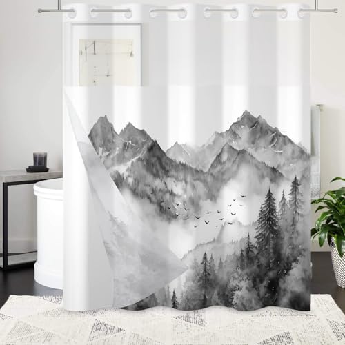AWERT Forest Grey No Hook Shower Curtain with Liner