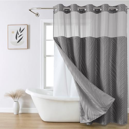 No Hook Boho Shower Curtain Set with Tufted Stripes and Waterproof Liner