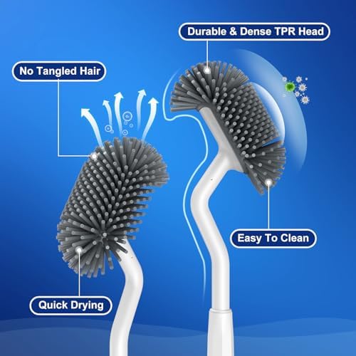 HAMITOR Toilet Brush Holder Set with Silicone Head and Curved Bristles - White