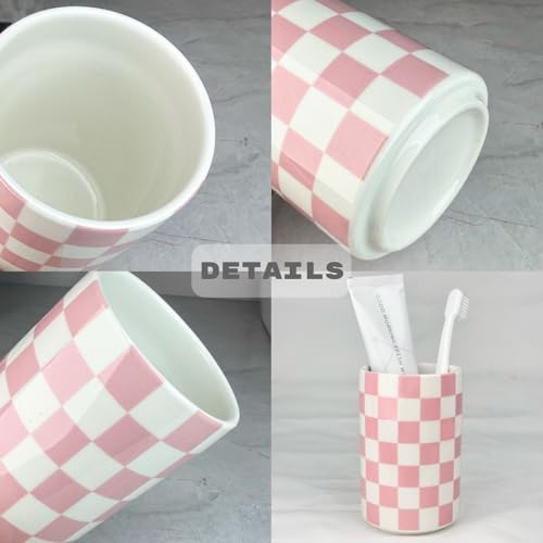 Pink Checkered Ceramic Toothbrush Holder Modern Bathroom Decor
