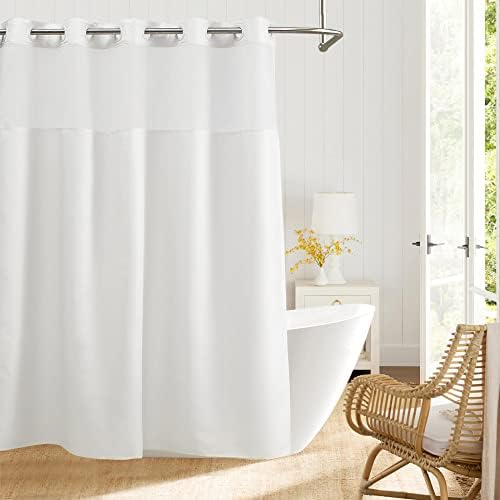 River Dream No Hooks Shower Curtain 71x74 White Fabric with Sheer Window
