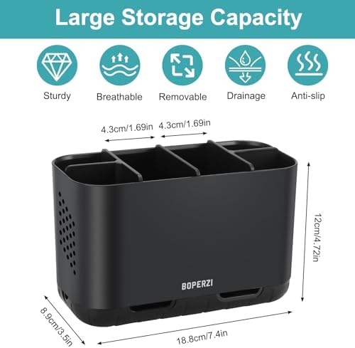 Boperzi 6 Slot Toothbrush Holder with Drainage and Anti-Slip Base Black