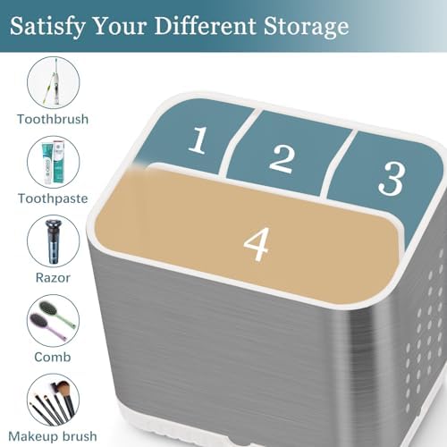 Brushed Nickel Toothbrush Holder for Bathroom Multifunctional Organizer Non-Slip Drainage