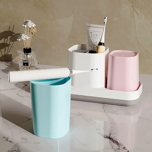 Kids Toothbrush Holder with Pink Blue Cups and Storage